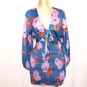 Free People Cassie Women Mini Dress Size SmalFloral V Neck Long Sleeve